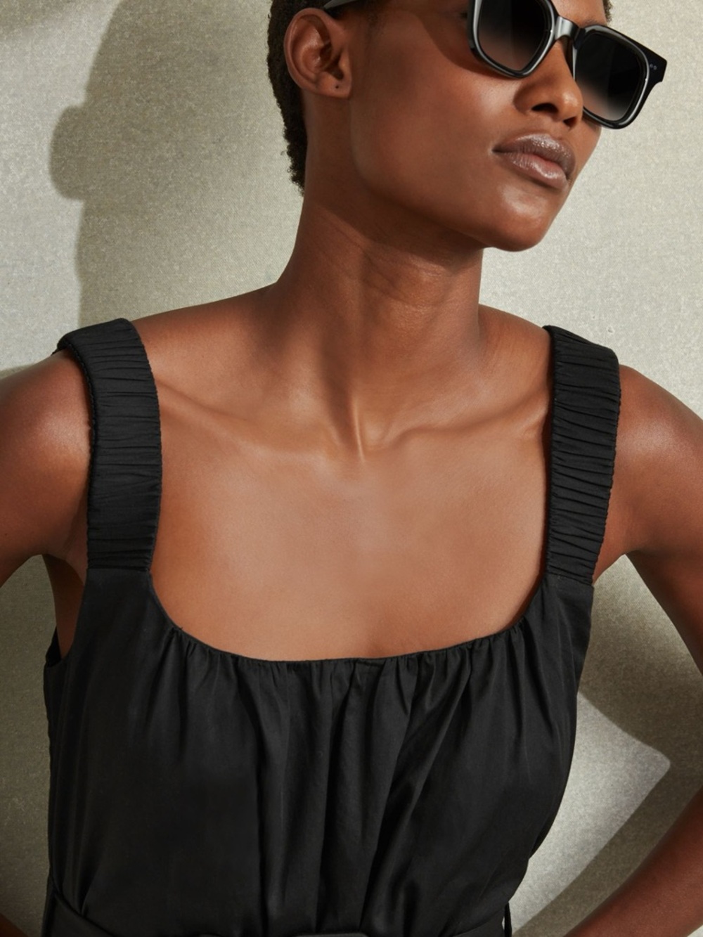 Reiss Liza Black Cotton Maxi Dress with Ruched Straps Size M
